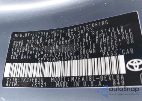 2024 Toyota Corolla Le z USA, uszkodzony, nr VIN 5YFB4MDE4RP091920